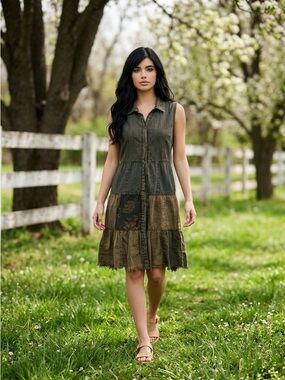 New- Young Threads Boho Patchwork Tiered Midi Dress – Olive/Brown – Button Front